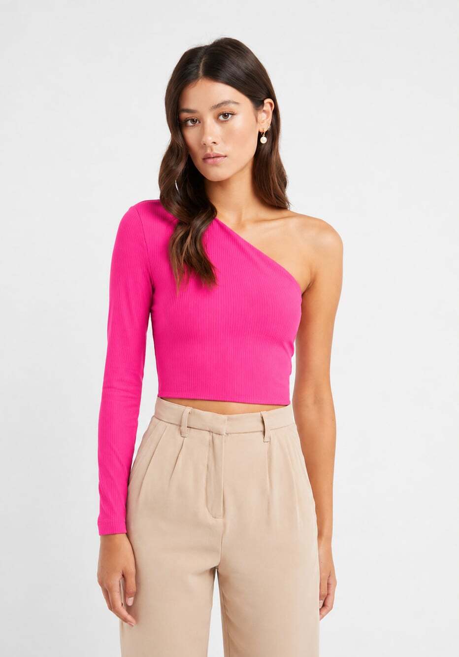 KOOKAI Harris Fuchsia Pink Ribbed One Shoulder Long Sleeve Cropped Top, Size 2